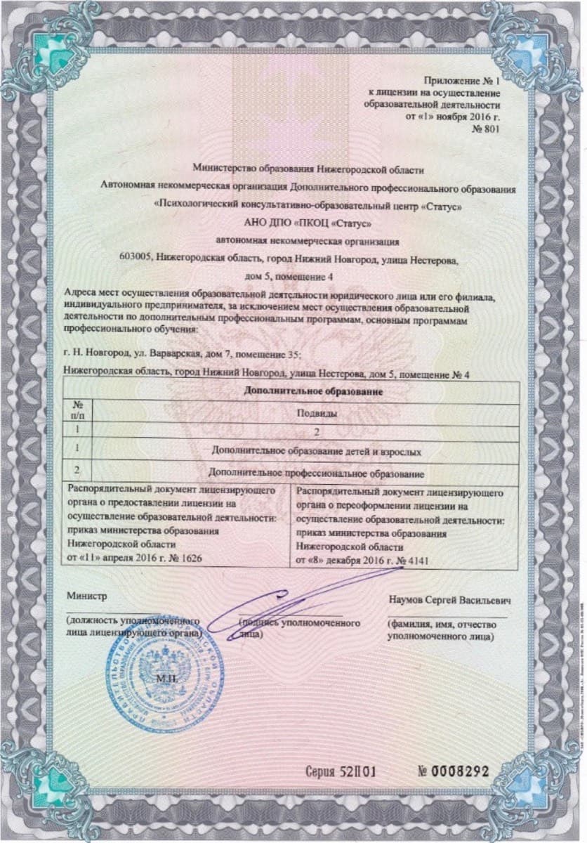 Приложение № 1 к лицензии на осуществление образовательной деятельности