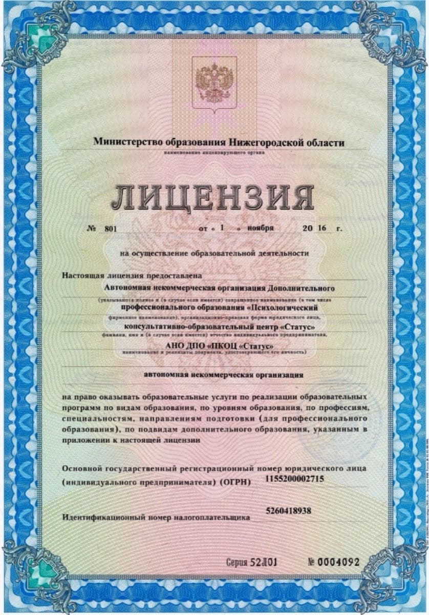Лицензия на осуществление образовательной деятельности — лицевая сторона