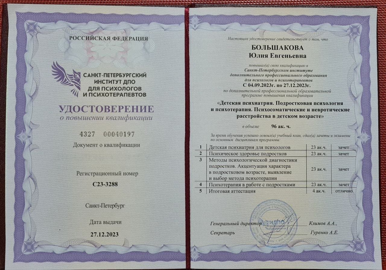 Документ об образовании — Большакова Юлия Евгеньевна, 9