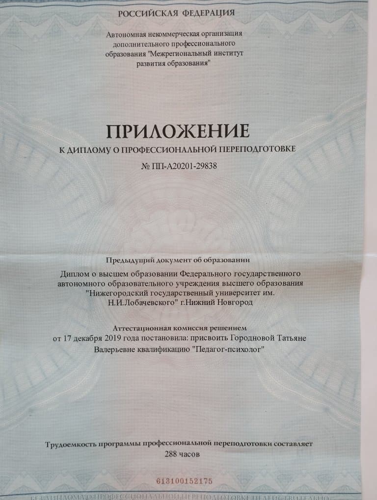 Документ об образовании — Городнова Татьяна Валерьевна, 9