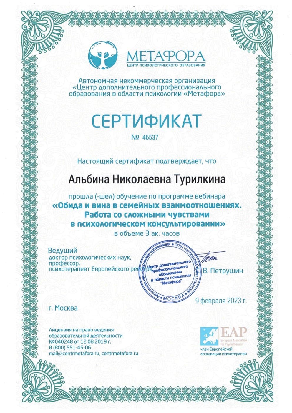 Документ об образовании — Турилкина Альбина Николаевна, 9
